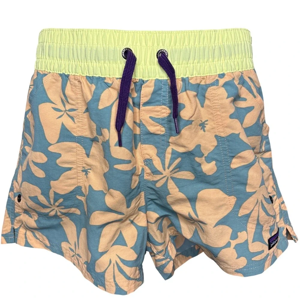 PATAGONIA Girls Blue Peach‎ Hibiscus Floral Baggies Swim Shorts XXL Surf Beachy